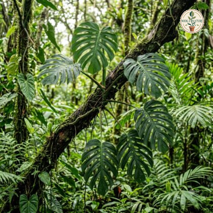 Monstera caribaea climbing a mossy tree trunk in a tropical rainforest.