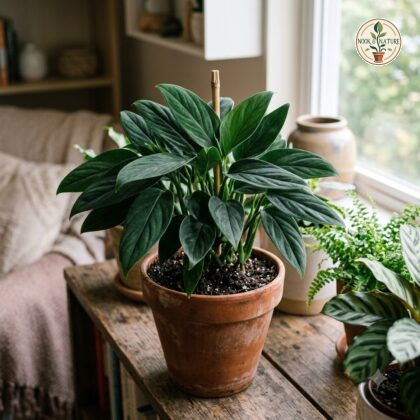 Potted Monstera croatii plant with elongated dark green leaves and a central support stake on a wooden shelf.