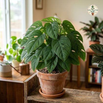 Potted Monstera gambensis with distinctive fenestrated leaves sitting on a wooden stand.
