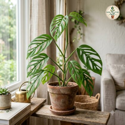 Monstera gracilis in a terracotta pot with a bamboo stake, placed on a wooden table near a window.