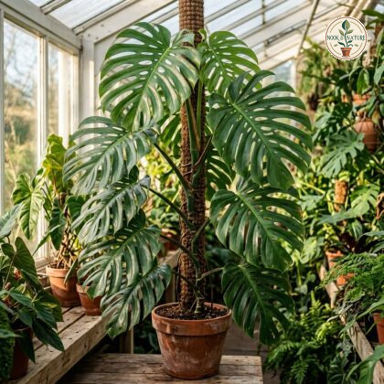Monstera guzmanjacobiae climbing a moss pole in a terracotta pot inside a greenhouse.