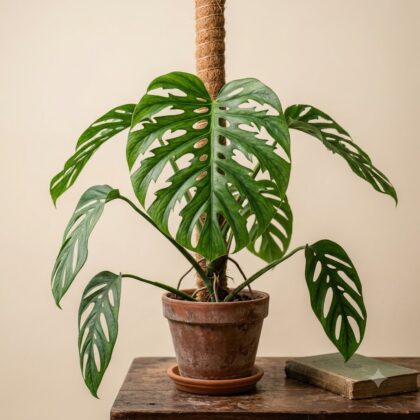 Monstera harrisoniorum plant with fenestrated leaves climbing a coir pole in a clay pot on a wooden surface.