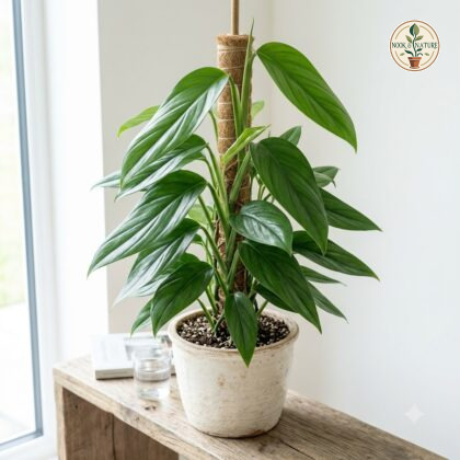 Monstera integrifolia potted in a white ceramic pot climbing a moss pole on a wooden surface
