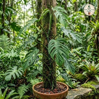 Monstera kessleri climbing a mossy pole in a pot, surrounded by tropical foliage.