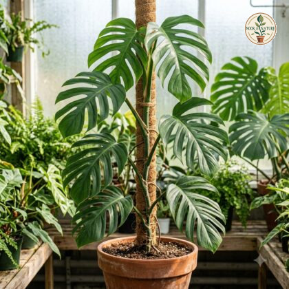 Monstera lamersiana climbing a coir pole in a terracotta pot within a greenhouse.