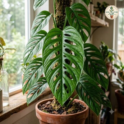Monstera lechleriana climbing a moss pole in a terracotta pot near a window.