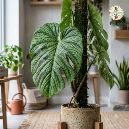 Monstera lentii with textured, fenestrated leaves climbing a moss pole in a ceramic pot.