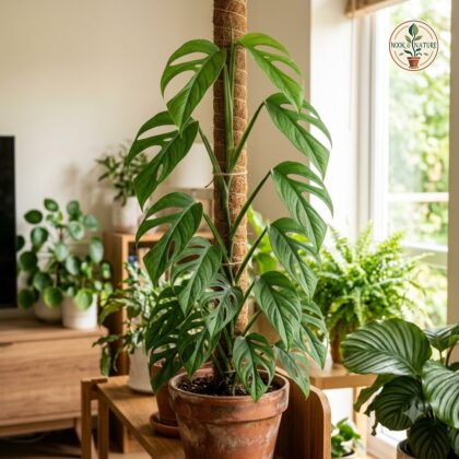 Monstera luteynii climbing up a coir pole in a potted plant collection.