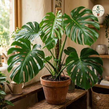 Potted Monstera maderaverde climbing a moss pole indoors near a window.