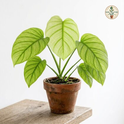 Monstera membranacea in a terracotta pot on a wooden surface against a white background.