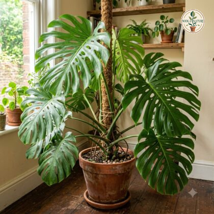 Large potted Monstera momoi plant with large fenestrated leaves climbing a moss pole indoors.