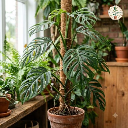 Monstera monteverdensis climbing a coir pole in a terracotta pot with fenestrated leaves.