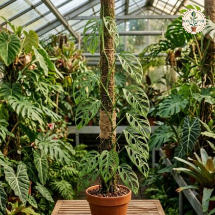 Monstera obliqua climbing a moss pole in a greenhouse.