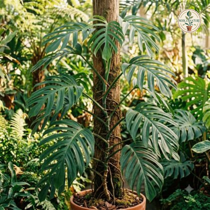 Monstera pinnatipartita climbing up a moss pole with deeply lobed leaves in a pot.