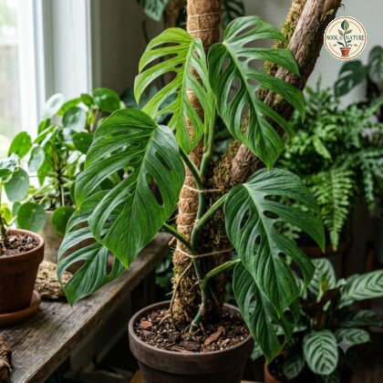 Monstera praetermissa climbing a moss pole in a pot, surrounded by other potted houseplants.