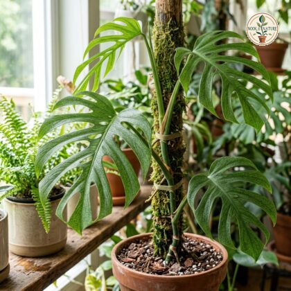 Monstera punctulata climbing a moss pole in a terracotta pot indoors.