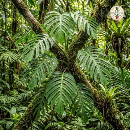 Monstera spruceana climbing a mossy tree in a tropical forest