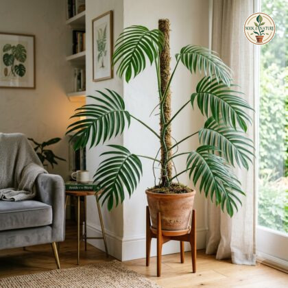 Monstera subpinnata climbing a moss pole in a terracotta pot with a wooden stand indoors.