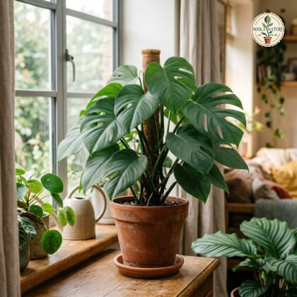 Potted Monstera tarrazuensis climbing a moss pole on a wooden windowsill.