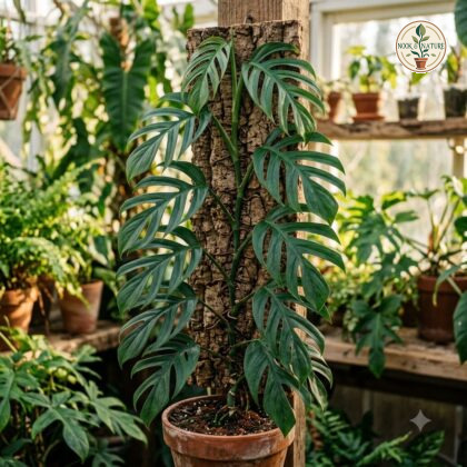 Monstera tenuis climbing vertically up a bark plank in a potted terracotta planter.