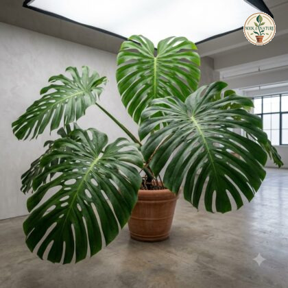 Large potted Monstera titanum with broad, fenestrated leaves in an indoor studio.