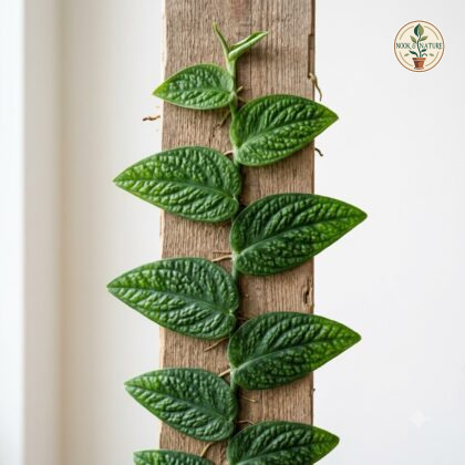 Monstera tuberculata climbing up a wooden plank, showing textured green leaves.