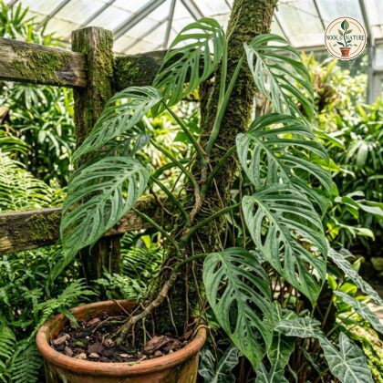 Monstera wilsoniensis climbing a moss pole in a terracotta pot inside a greenhouse.
