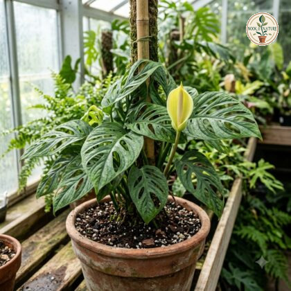 Potted Monstera xanthospatha with fenestrated leaves and a yellow inflorescence climbing a moss pole in a greenhouse.