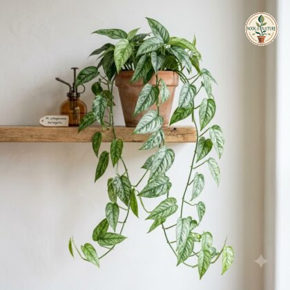 Potted Monstera siltepecana Variegata with trailing vines on a wooden shelf next to a plant mister.