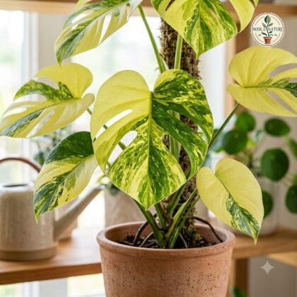 Monstera deliciosa Lemon Pompon in a terracotta pot climbing a moss pole.
