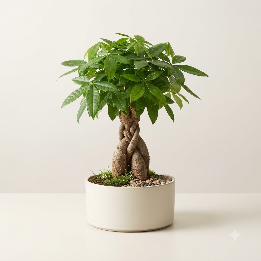 Pachira macrocarpa money tree bonsai with a braided trunk in a white ceramic pot.