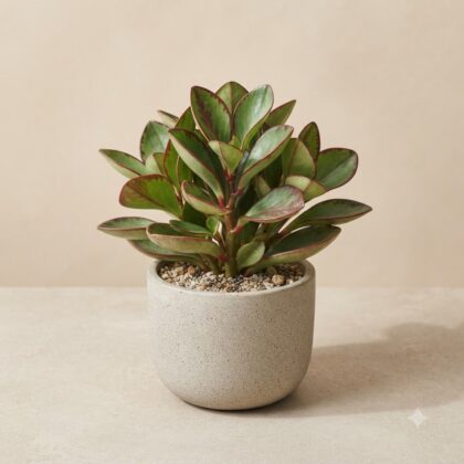 Peperomia Clusiifolia 'Red Margin' in a light gray ceramic pot with soil top dressing against a neutral background.