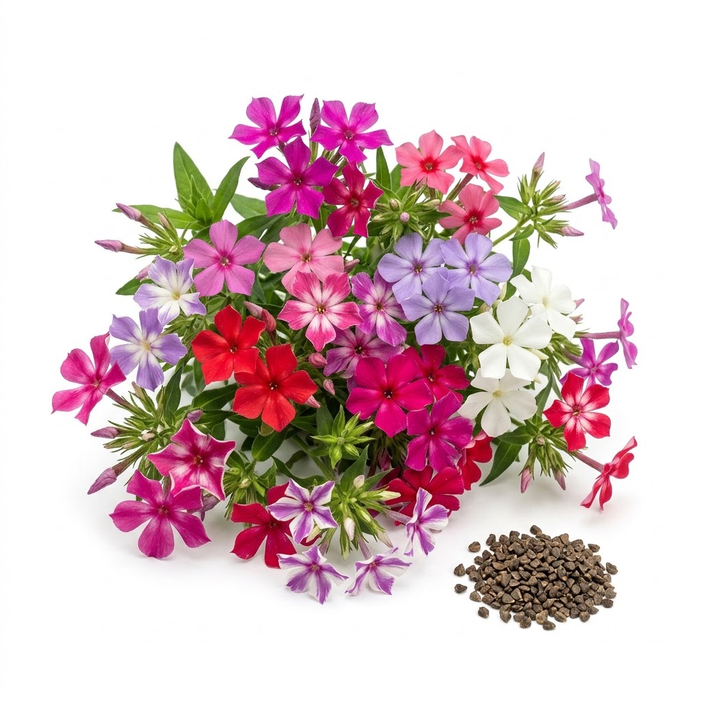 A colorful arrangement of phlox flowers in various shades with a pile of seeds nearby.