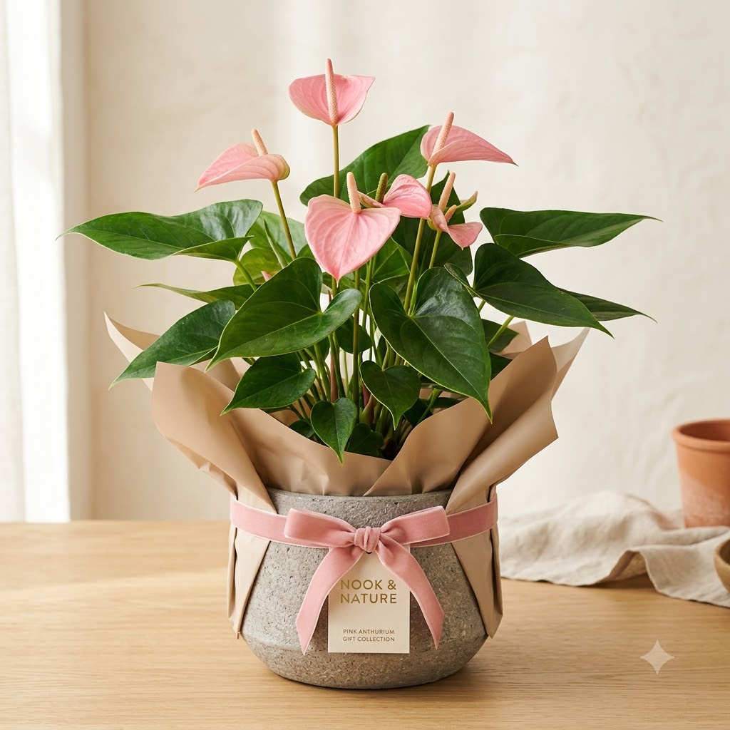 Pink Anthurium plant in a grey ceramic pot wrapped in tan paper and tied with a pink ribbon.