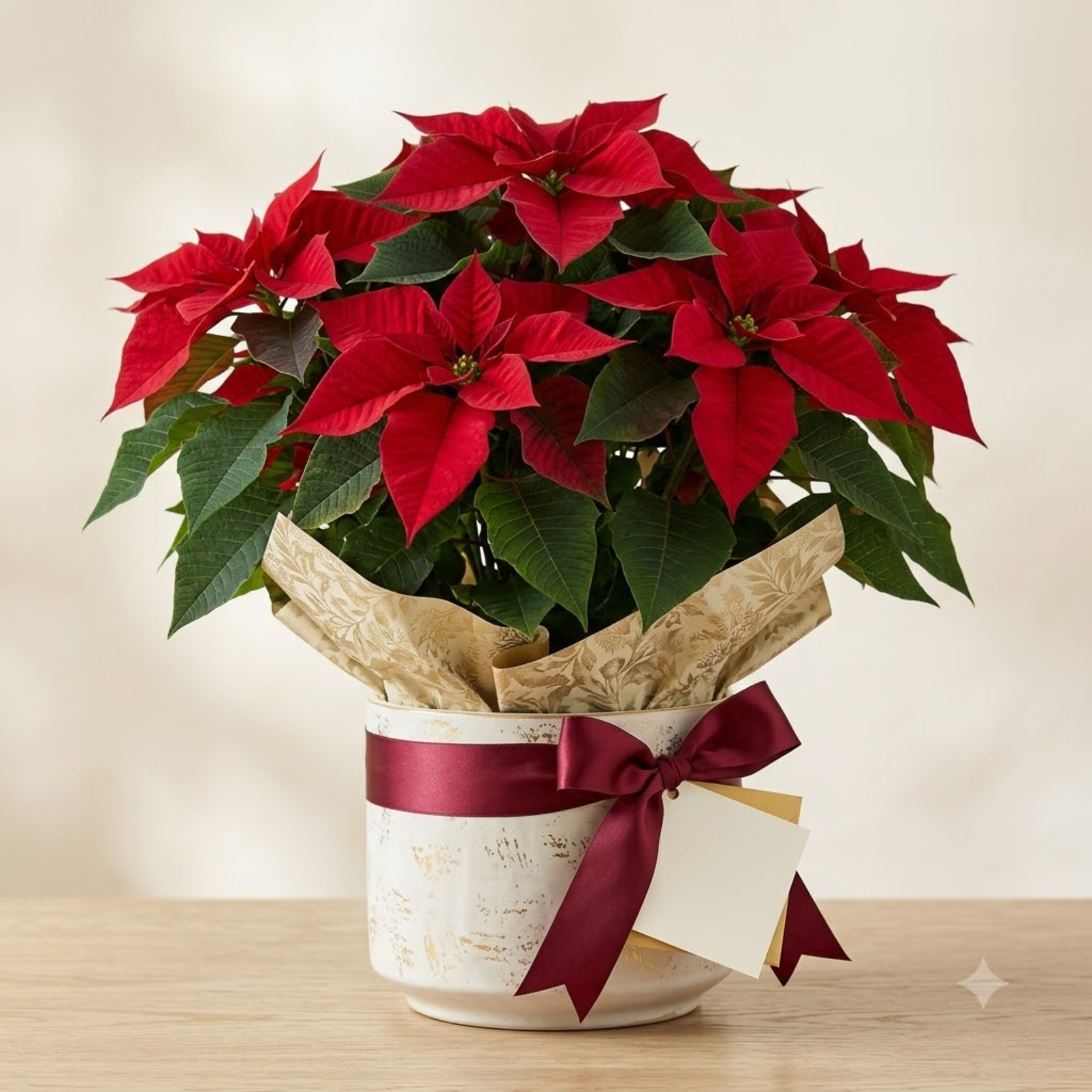 Potted red poinsettia plant in a decorative white pot wrapped with a maroon ribbon and a blank gift tag.