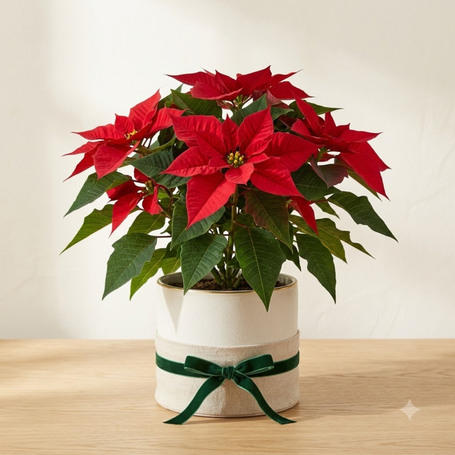 Red poinsettia plant in a white ceramic pot wrapped with fabric and a dark green velvet bow.