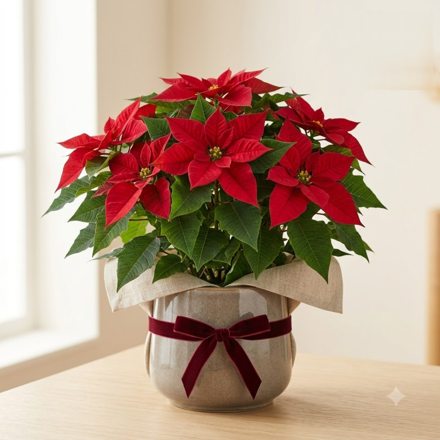 Potted poinsettia plant with bright red leaves in a grey ceramic pot tied with a velvet ribbon.
