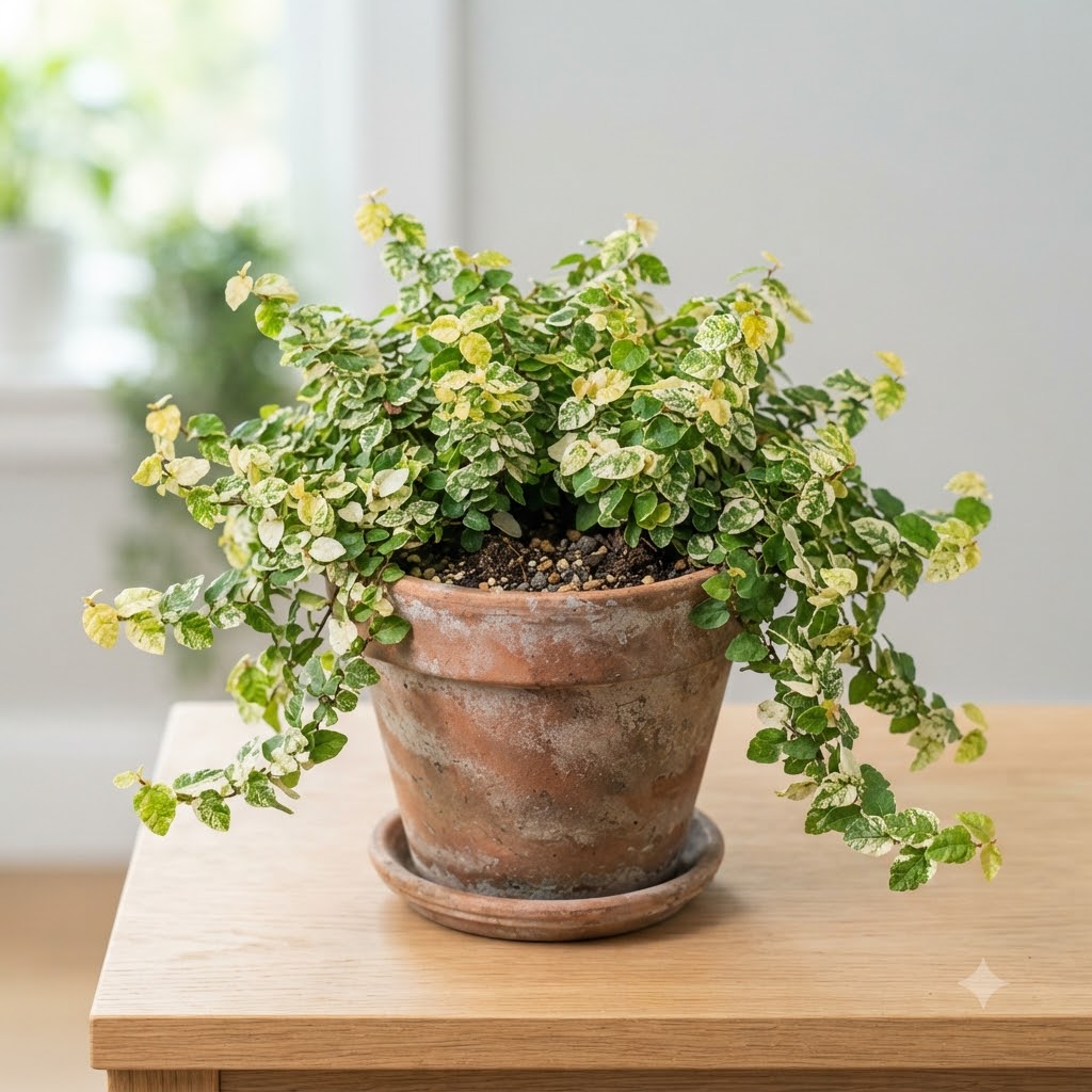 Variegated Ficus pumila plant in a weathered terracotta pot on a wooden table.