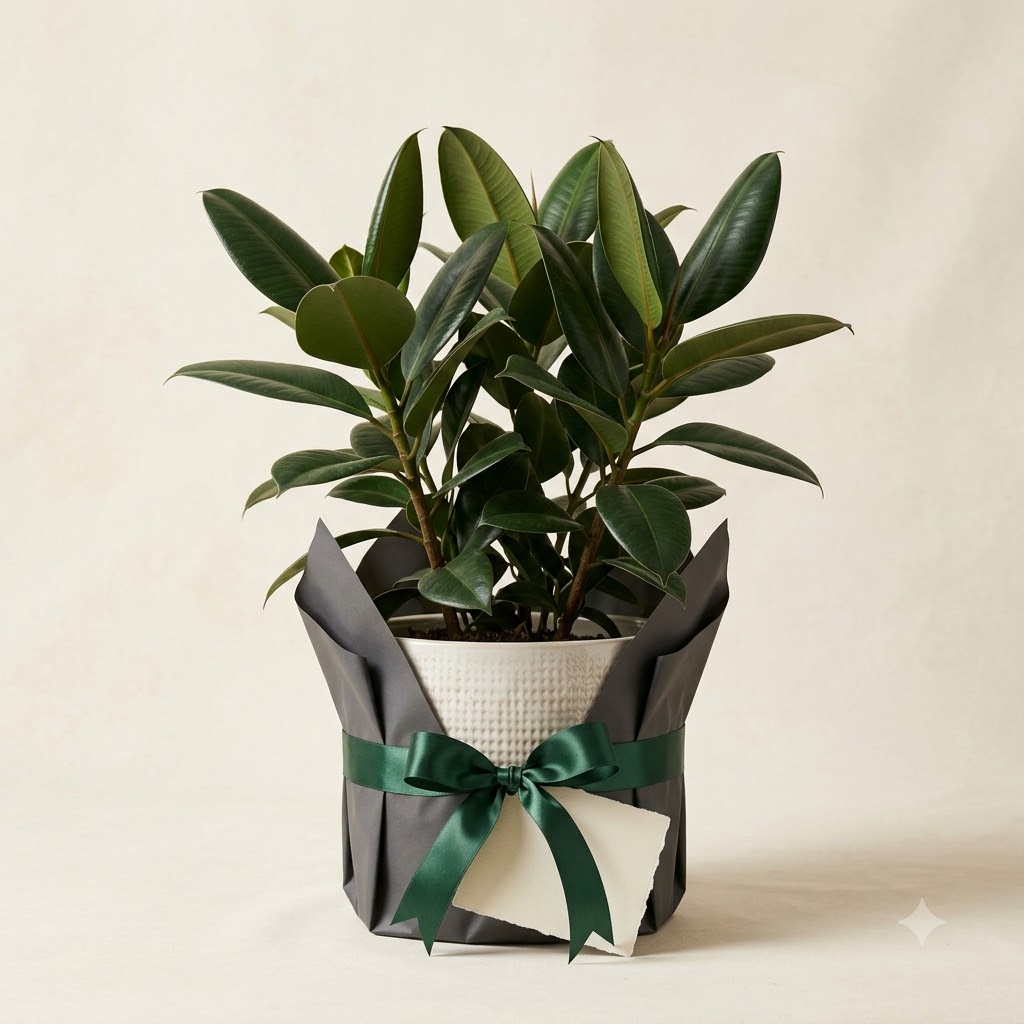 Rubber plant in a white pot wrapped in dark paper with a green ribbon and a blank gift tag.
