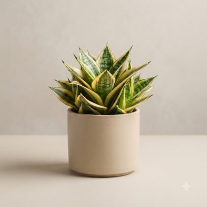 Golden Sansevieria Hahnii plant with variegated leaves in a neutral ceramic pot against a plain background.