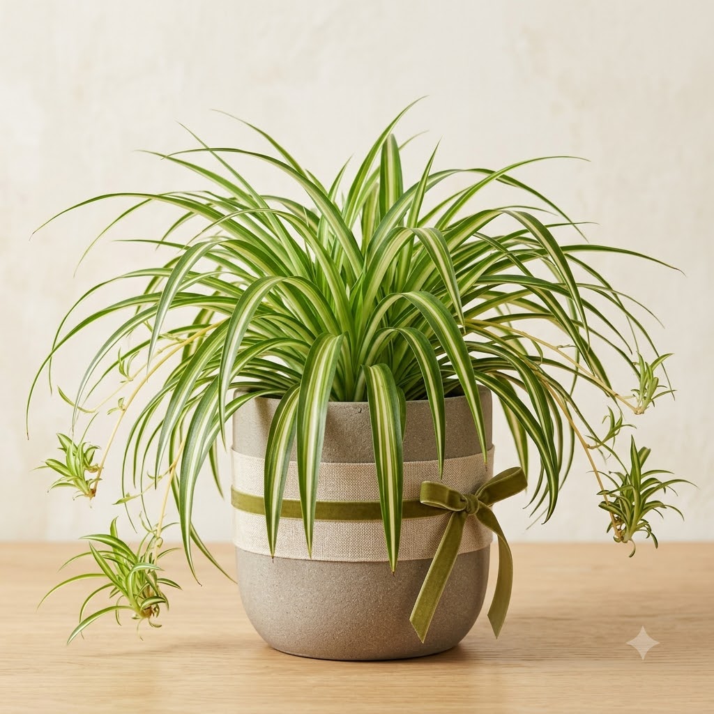 Variegated spider plant with cascading offsets in a grey planter wrapped with a ribbon and bow.