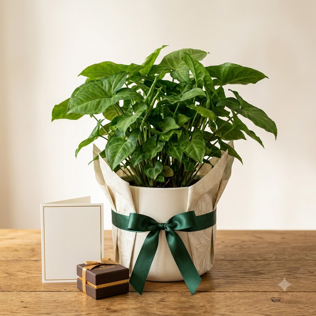 Green Syngonium plant in a ceramic planter wrapped in paper with a dark green ribbon, alongside a card and small gift box.