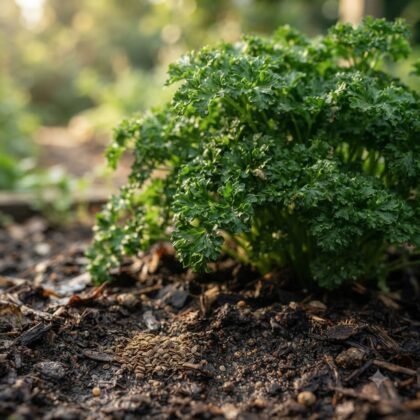 A pile of small seeds rests on garden soil near a lush, curly parsley plant.