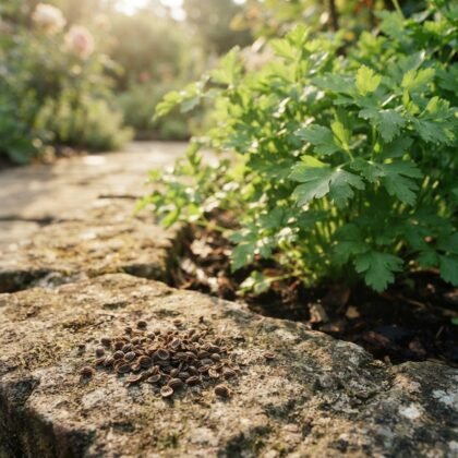 A small pile of smooth-leaved parsley seeds resting on a stone surface beside a growing plant.