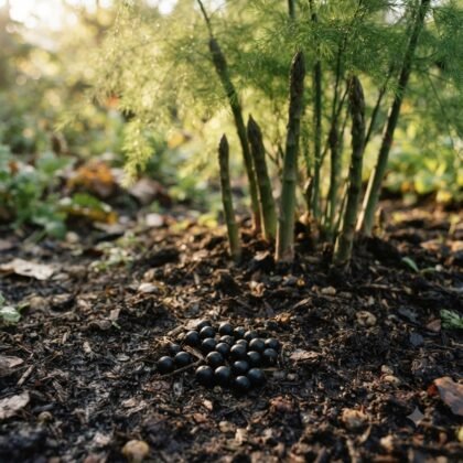 Asparagus spears growing in garden soil with seeds on the ground.