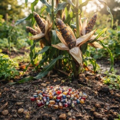 A pile of multicolored corn seeds on the ground in front of a growing corn plant with multi-colored ears.