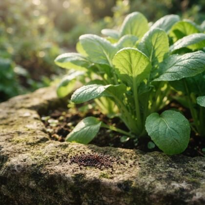 Komatsuna Asia Green Leaf seeds resting on a stone edge in front of growing leafy greens.
