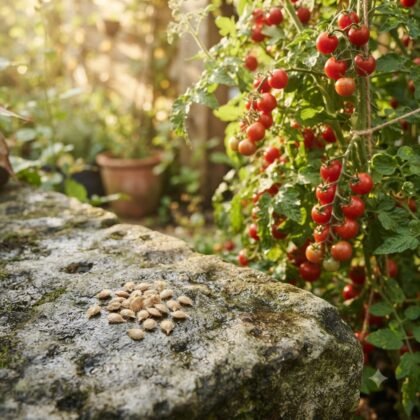 A small pile of cherry tomato seeds rests on a rustic stone surface, with a tomato vine in the background.
