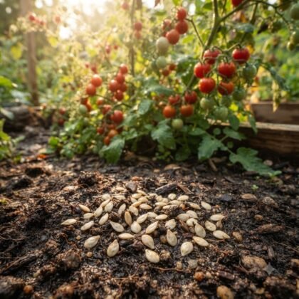 Tomato seeds scattered on damp soil in front of a tomato plant with ripening fruit.