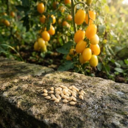 A pile of yellow plum tomato seeds on a stone surface with tomato plants in the background.